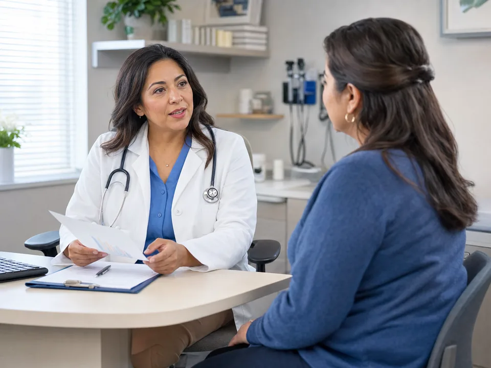Hispanic female nurse practitioner speaking with a patient in a primary care exam room